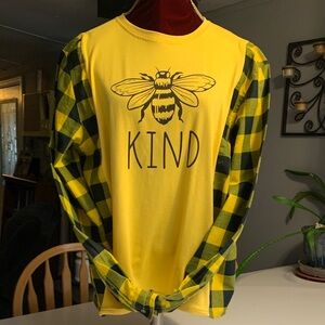 Upcycled “Bee Kind” Plaid-Sleeve Women's Top